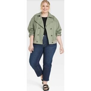Universal Thread Cropped Trench Coat Double Breasted Olive Green Jacket 3X‎ NWT